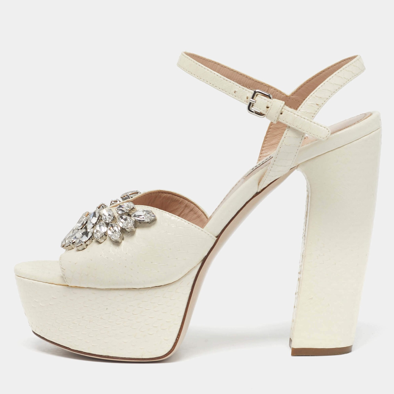 Miu Miu Cream Python Leather Crystal Embellish Platform Ankle Strap Sandals
