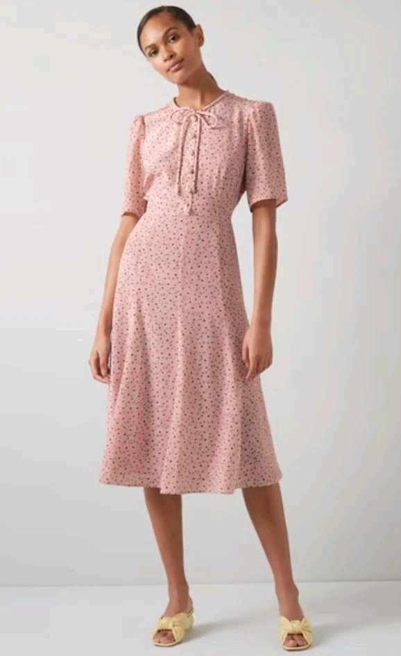 BNWT LK BENNETT 100percent SILK PINK DAISY FLORAL MIDI DRESS PEAL BUTTONS UK 18/US 14