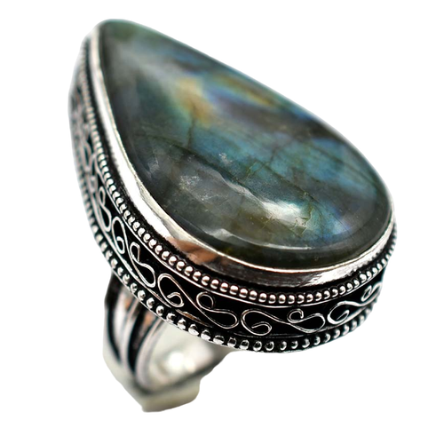 Anello Labradorite In Argento 925 | Modello Fiore Di Loto Regolabile – Gioielli Vittoriani Per Donna (con Scatola)