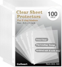 100 Pack Sheet Protectors 8.5x11 Inch Reinforced 3 Hole