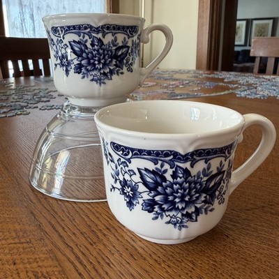 Ironstone Blue Carnation Tea Cups Set of 2 Japan 4235 CottageCore French Country
