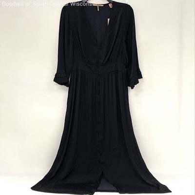 NWT Scotch & Soda Black Button Up V-Neck Gathered Waist Dress Women s Sz L