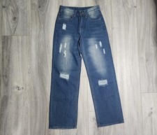 High Rise Wide Leg Distressed Medium Wash Blue Denim Jeans Size Small