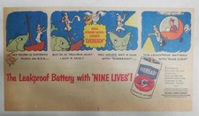 Eveready Battery Ad: Leakproof Battery With 9 Lives from 1940's 7.5 x 15 inches