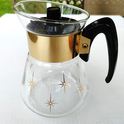 Atomic Corning Carafe Coffee Tea MCM Mod VTG 6 C Tempered Glass Star Gold Black