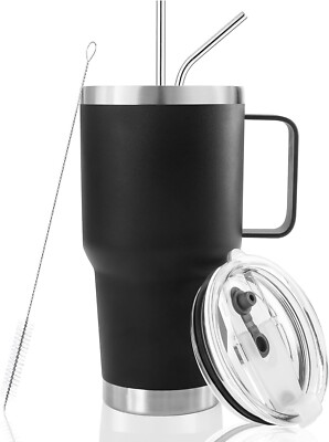 ''Vaso Termico Negro de 30oz con Asa Taza de Viaje de Acero Inoxidable Doble Pare