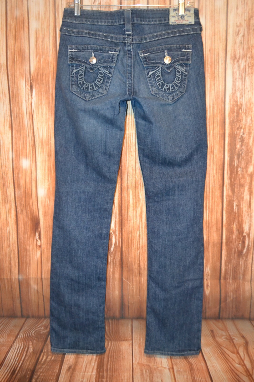 True Religion Women's Straight Embroidered Logo Pocket Flaps Blue Jeans Sz 28x34 thumbnail 6