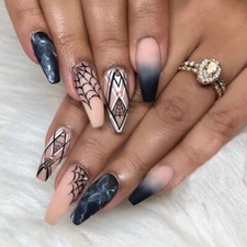 24 Matte Black Nude Spiderweb Press on nails kit glue on Goth witchy alt edgy