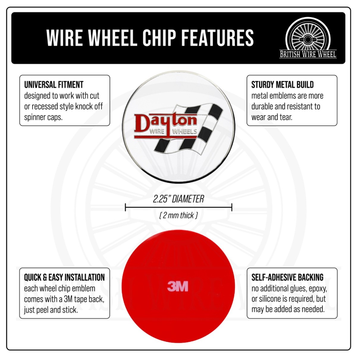 Dayton Chrome & White Metal Wheel Chip Emblems with Spinner Caps