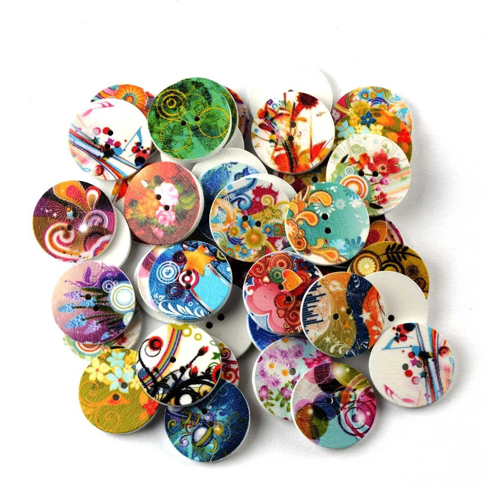 50pcs Mixed print Wood buttons Sewing Scrapbooking Clothing Crafts DIY 20-25mm - Image 2 of 2