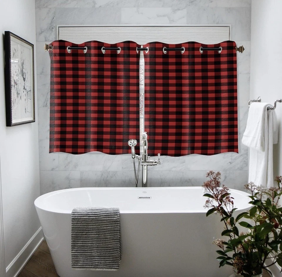 Juego de 2 paneles a cuadros rojo y negro cortina de ventana Buffalo 52 x 52 pulgadas x 2 Foto 3 de 4