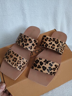 Boohoo Leather Leopard Double Strap Square Toe Sandals Flat Mules Size  UK