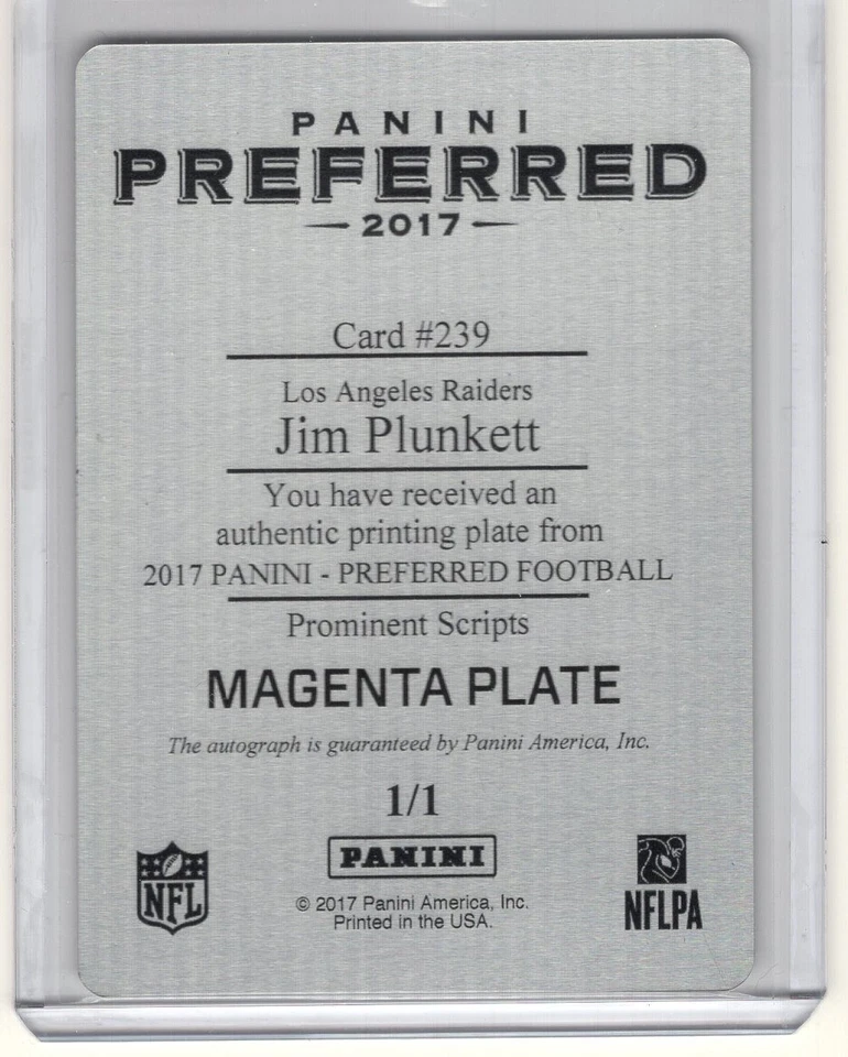 2017 Panini Preferred Prominent Autograph Magenta Plate #239 Jim Plunkett 1/1 - Image 2 of 2