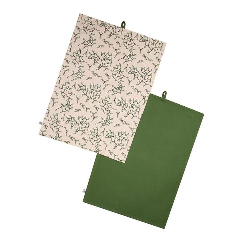 Tea Towels Set 2 RHS Cotton Dish Cloth Home Kitchen Garden Ivory Green Mistletoe