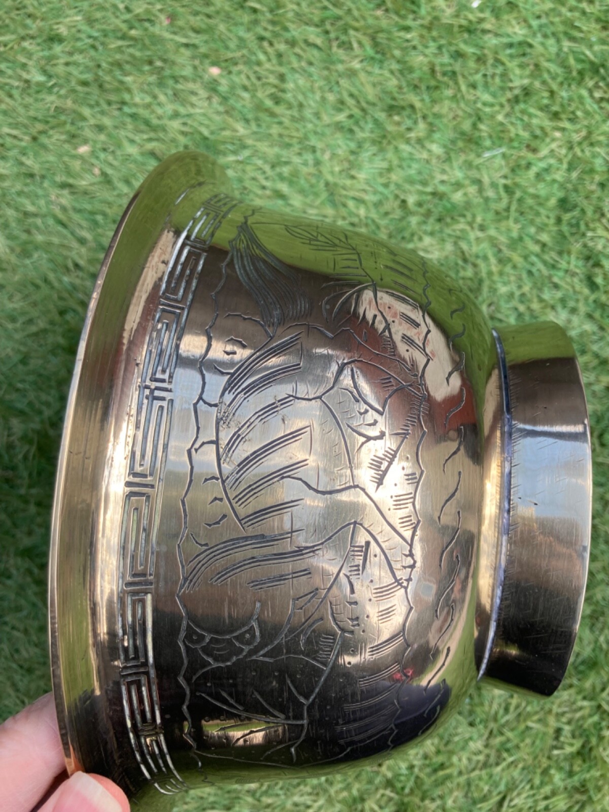 Vintage Chinese Brass Pedestal Bowl Dish Hand etched Foo Dog design