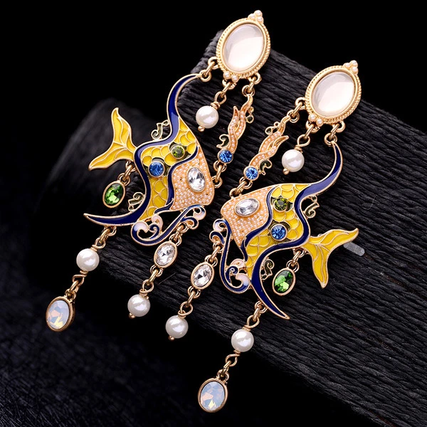 Ohrringe Clip Auf Golden Kerzenständer Fisch Emaille Gelb Blau Bommel X21 - Bild 4 von 4