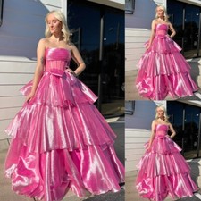 Organza Sparkly Prom Dresses Hot Pink Homecoming Ruffles Party Evening Dresses