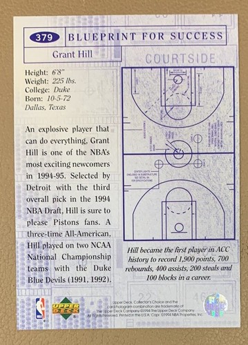 GRANT HILL 1994-95 Upper Deck Collector's Choice BLUEPRINT FOR SUCCESS #379 - Picture 2 of 2
