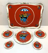 Vintage Ohio Art Flower Cart Tin Toy Dishes 1 Tray 5 Plates Umbrella Red White