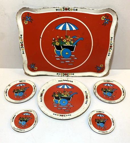 Vintage Ohio Art Flower Cart Tin Toy Dishes 1 Tray 5 Plates Umbrella Red White