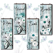 Tatuo 4 Pieces Teal Daisy Floral Bathroom Wood Wall Decor Teal Relax Soak Unwind