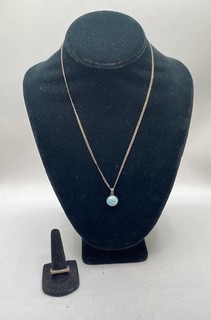 Sterling Silver 925 Larimar Pendant Necklace 18" and Modernist Ring Size 8 Set