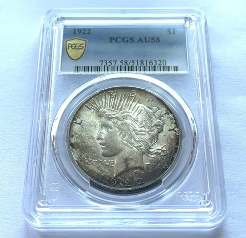 1922-P Silver Peace Dollar $1 PCGS AU58 Beautiful Dark Natural Toner Gold Shield
