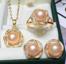 Fashion Zircon Crystal Inlay Pearl Gold Stud Earrings Ring Pendant Necklace Set