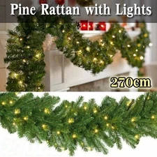 9ft Christmas Garland Artificial Wreath w/2m Lights Stairs Home Rattan Decor