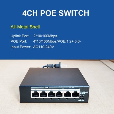 4 PoE Ports + 2 Ethernet Uplink PoE Switch 65W for Security Camera 4*10/100Mbps