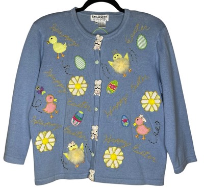 Jack B Quick Cardigan Sweater Womens M Blue Easter Eggs Chicks Bunny 3/4 Sleeve