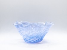 Chris Baker-Salmon 8" Hand-Blown Blue Swirl Glass Wavy Bowl - NH Studio Glass