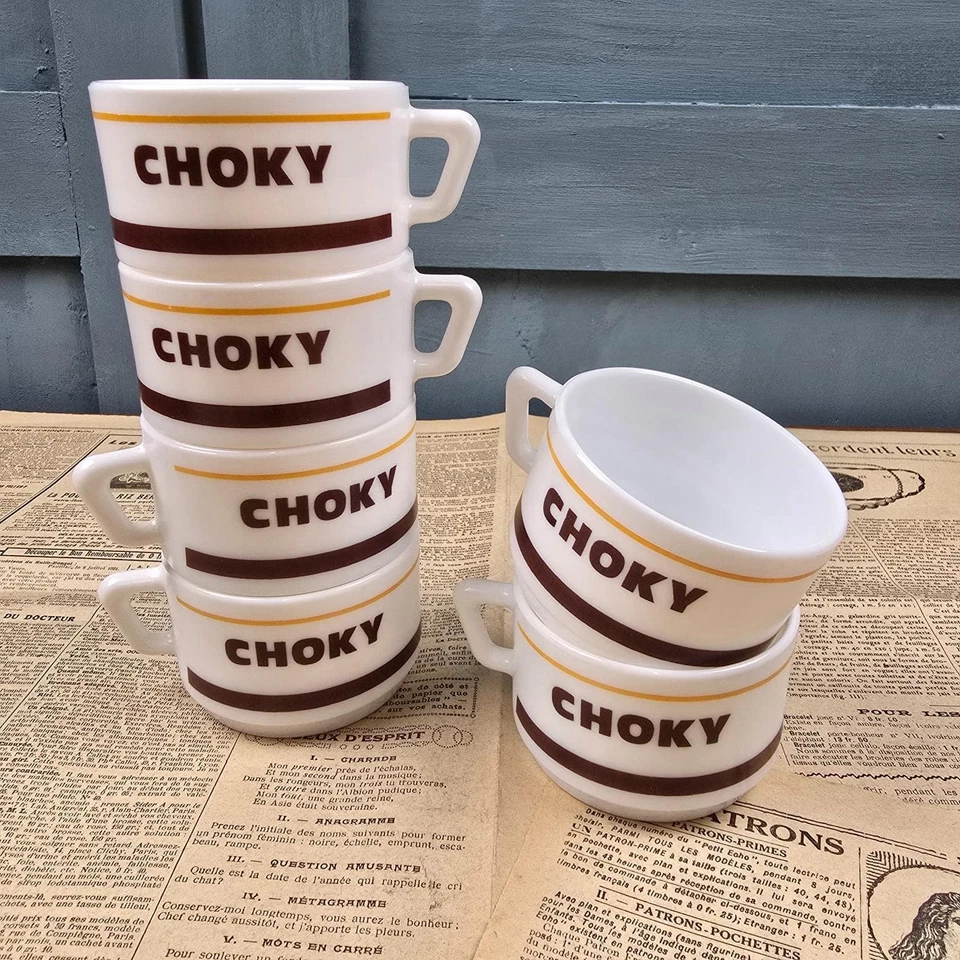 Lot de 6 tasses publicitaires CHOKY – Verre opalin – Vintage bistrot années 70 - Photo 3/4