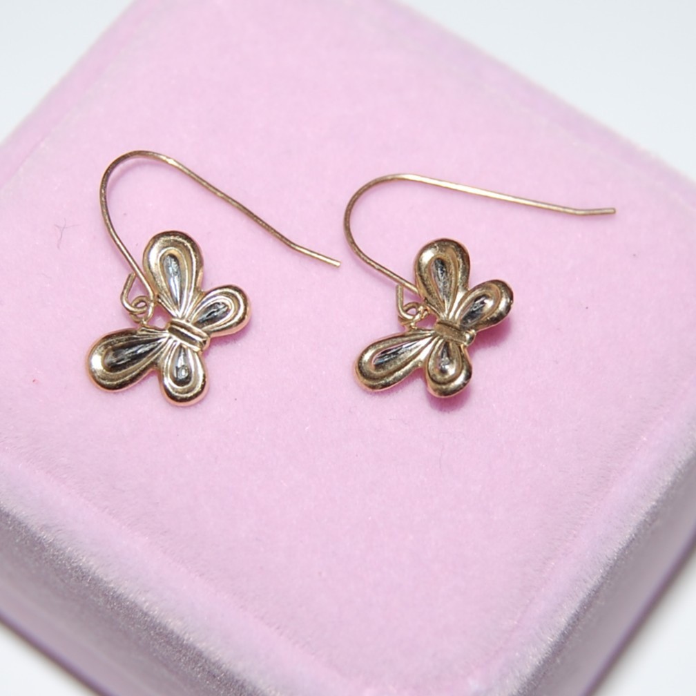 10K Solid Gold Dangling Earrings Butterflies Fish… - image 1