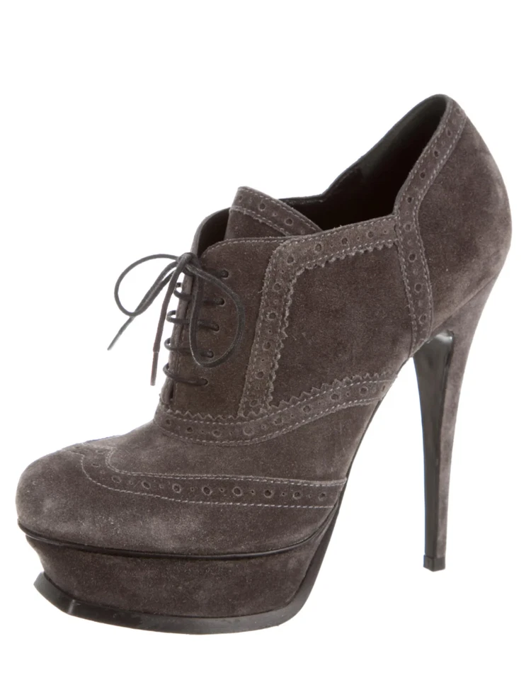 Yves Saint Laurent Neutral Grey Suede Platform Stiletto Ankle Booties US 7 IT 37 - Image 2 of 4