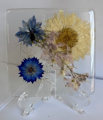 Pressed Flower Resin Block Art Blue Floral Desk Display Decor  3.5 X 3.5 Boho