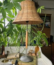 Vintage Tall Table Lamp Wood Chrome Wicker Shade Tall 76 Cm Country Cottage