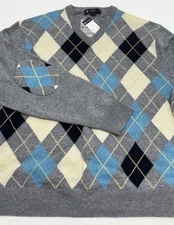 NWT Cremieux Mercer St Collection Gray Pastel Argyle V-Neck Wool Sweater Sz L