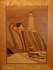 HUDSON RIVER INLAY PICTURE - LIGHTHOUSE CLIFF - WOOD MARQUETRY - 19 X 24 (#3)