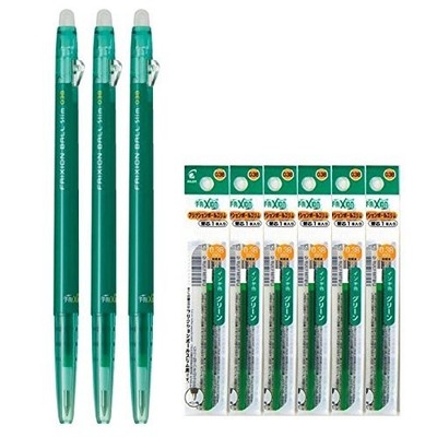 Pilot FriXion Ball Slim 038 Green Ink Erasable Gel Pen 3 Pack with 6 Refills