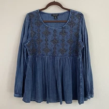 Rachel Zoe Floral Embroidered Babydoll Flowy Long Sleeve Boho Blouse Size Large