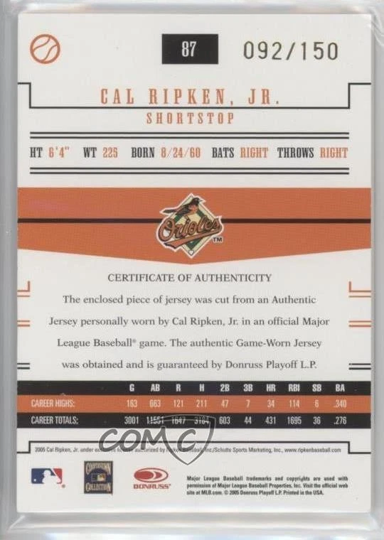 2005 Donruss Prime Patches Swatch /150 Cal Ripken Jr #87 HOF - Image 2 of 2