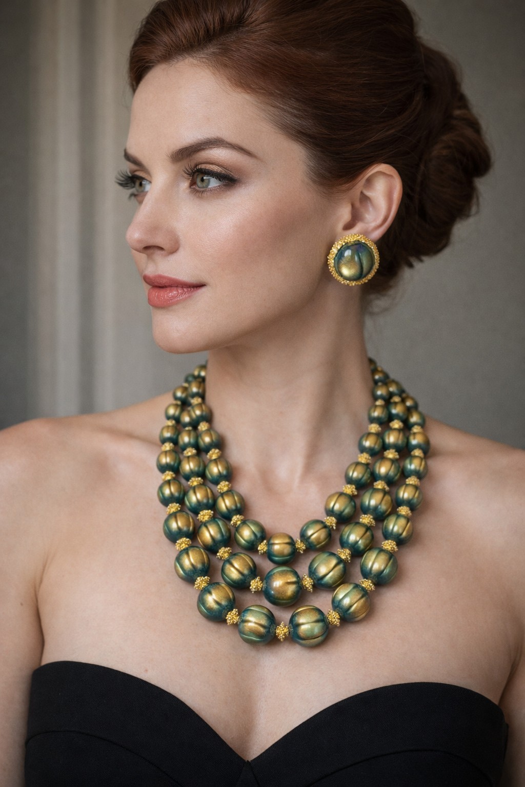 TRIFARI Three-Strand Green Golden Glow ILLUSION Moonglow Beads Necklace Earrings image 2