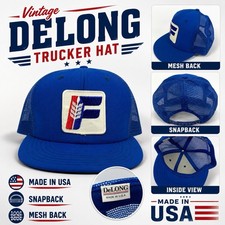 Vintage DeLong Blue Mesh Snapback Trucker Hat Patch Logo Made in USA Adjustable