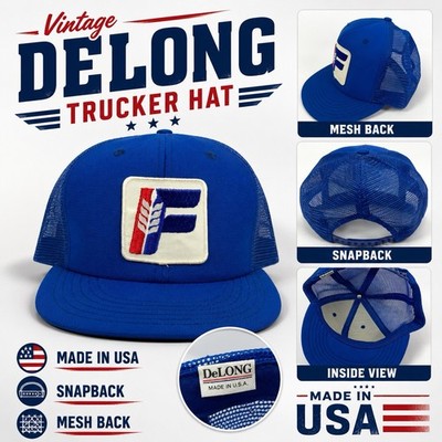 Vintage DeLong Blue Mesh Snapback Trucker Hat Patch Logo Made in USA Adjustable