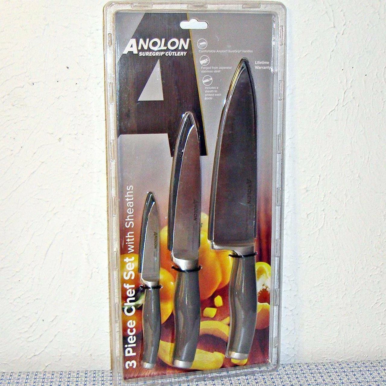 【NEW】ANOLON SUREGRIP 3-PC JAPANESE FORGED HI-CARBON SS CHEF KNIFE SET W/ SHEATHS