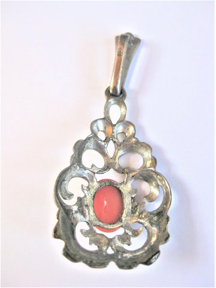 Antico Ciondolo Argento 835 Con Corallo, 6,73 G - Immagine 3 di 3