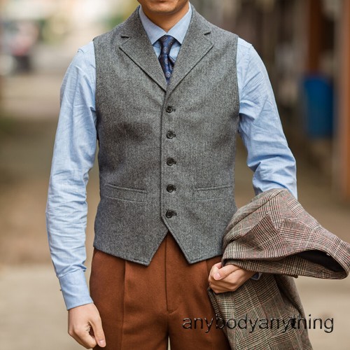 Men's Retro Herringbone Wool Blend Vest Lapel Suit Waistcoat Casual Gilet Tops - Picture 2 of 16