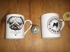 Pair of Pug Fine China Mugs BNWT Different Designs With Green Pug Tray