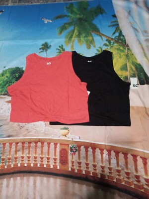 SO. WOMEN plus 1X set of 2 Cropped  Twist Front Tank Top Black AND coral. 